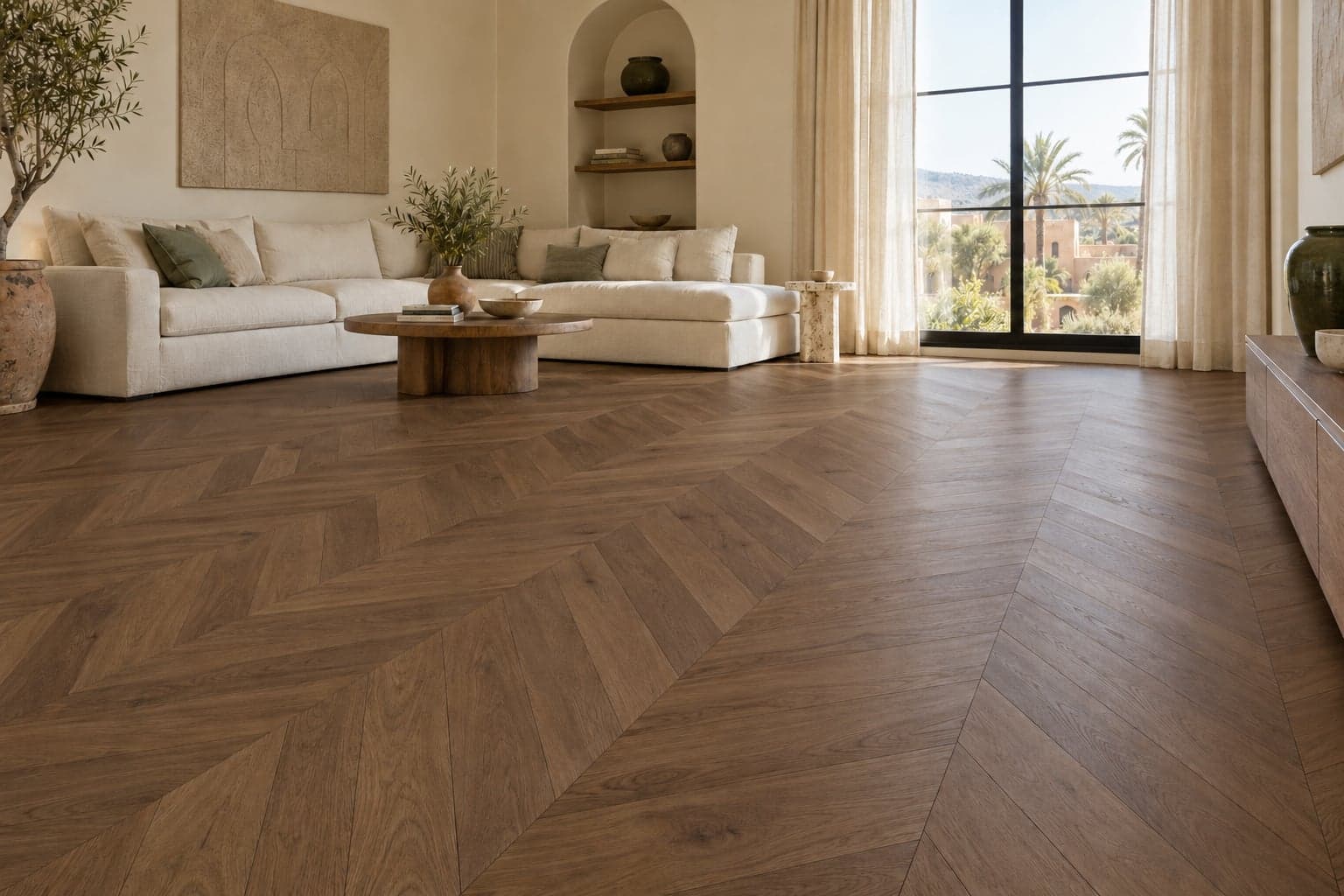 Inspiration générée d’un salon avec un parquet en point de Hongrie aux nuances fumées.