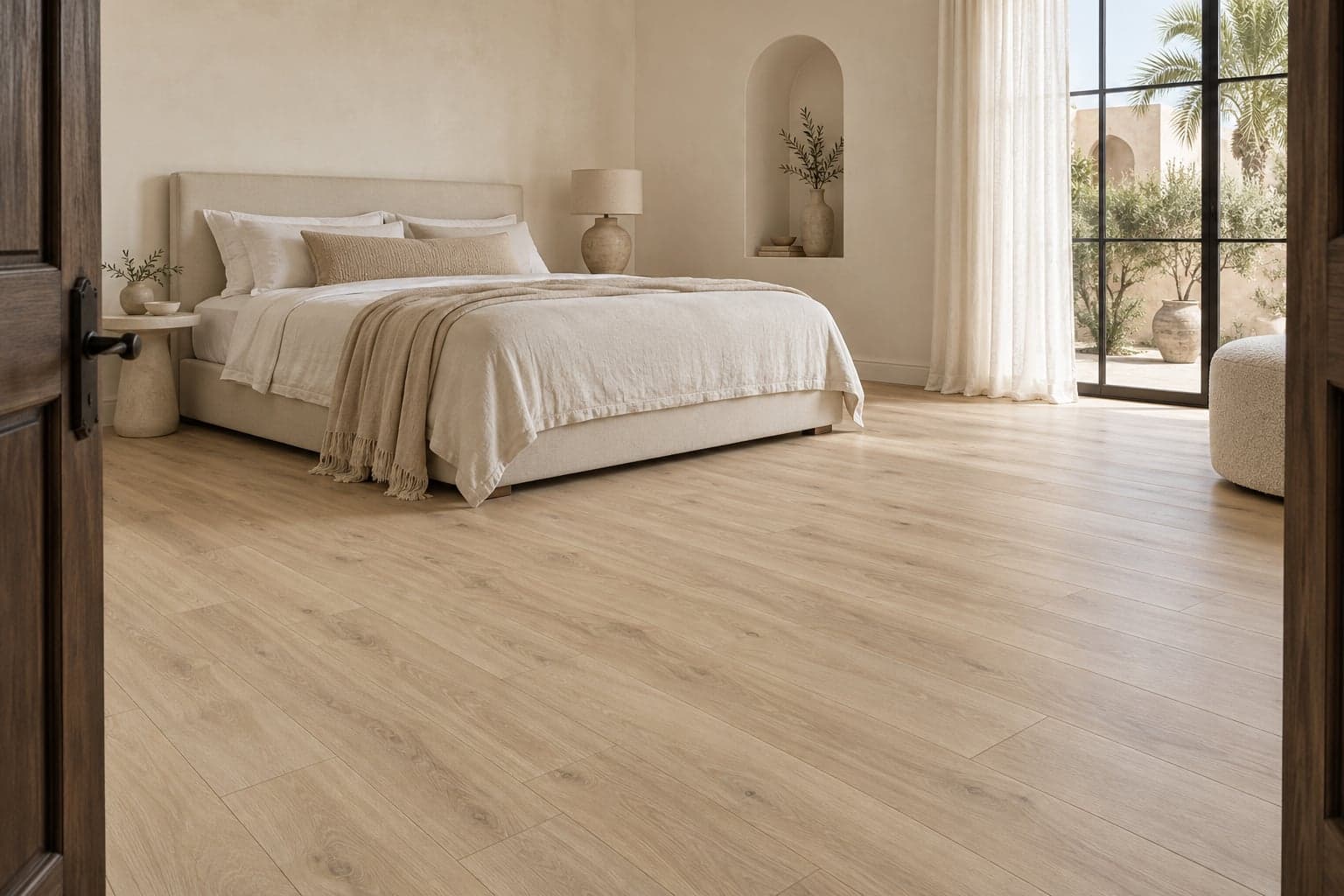 Inspiration générée d’une chambre avec un stratifié clair en lames droites.