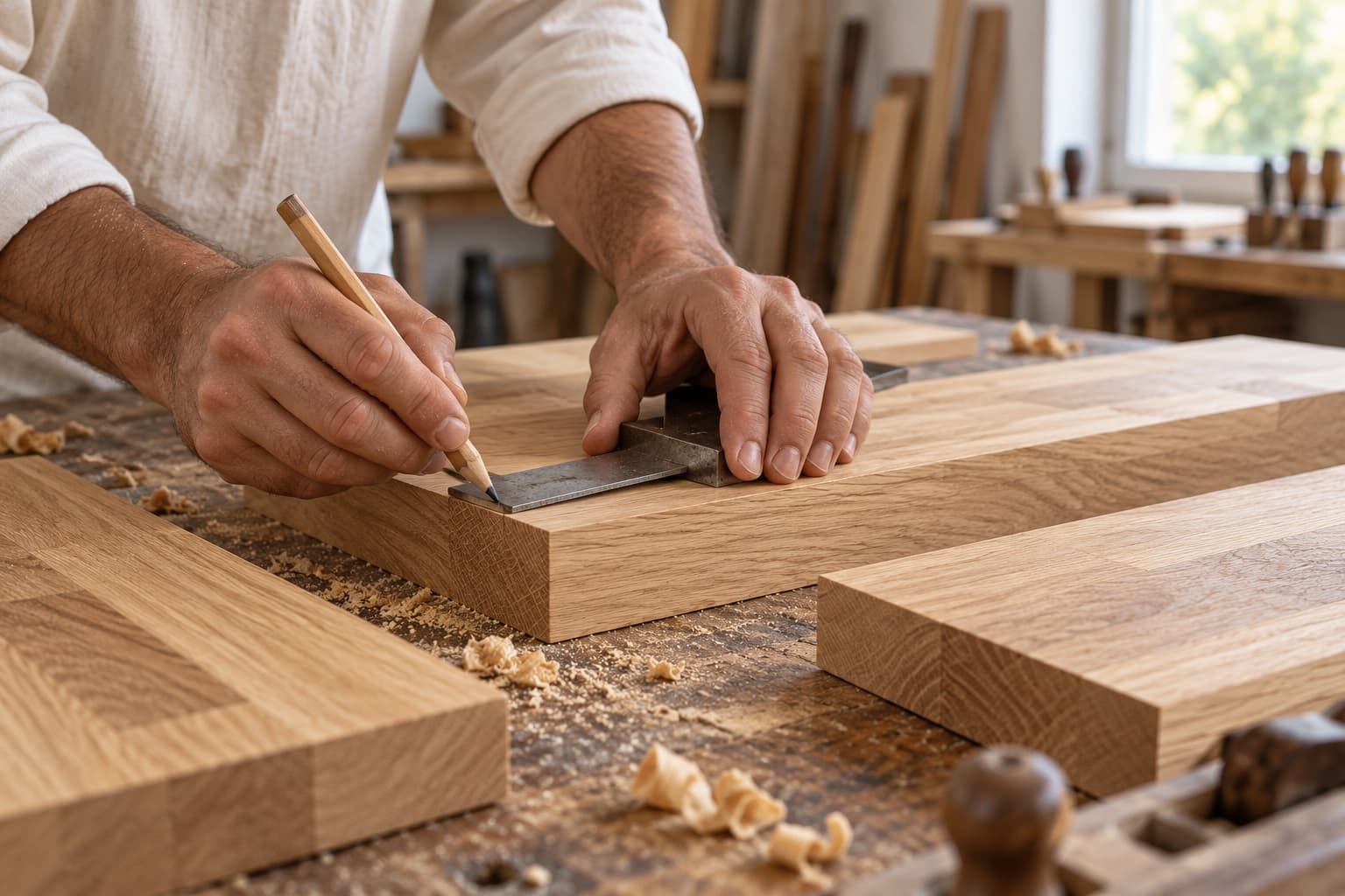 Illustration de mains anonymes vérifiant une lame en bois avec une équerre.