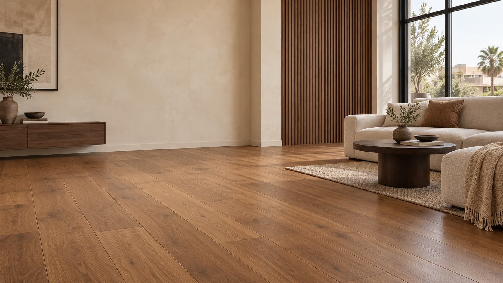 Ambiance d’inspiration avec parquet clair, murs ivoire et salon ouvert sur la lumière.