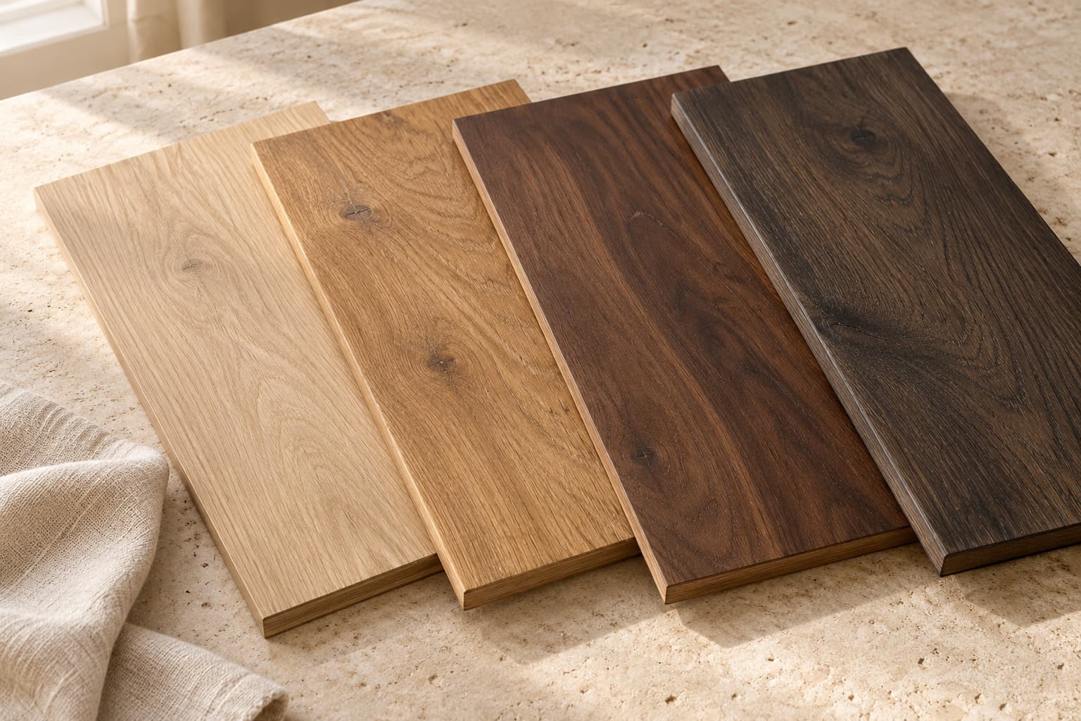 Quatre échantillons de bois aux teintes claires et brunes sur une table en pierre.