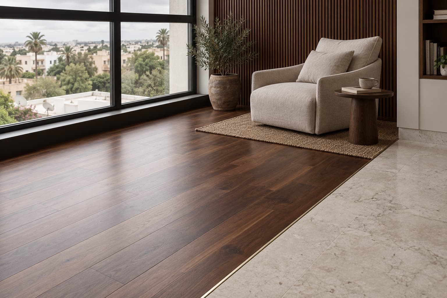 Ambiance d’inspiration avec lames de parquet brun, fenêtre et mur à tasseaux.